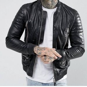All Saints Jet Black Leather Bomber Jacket